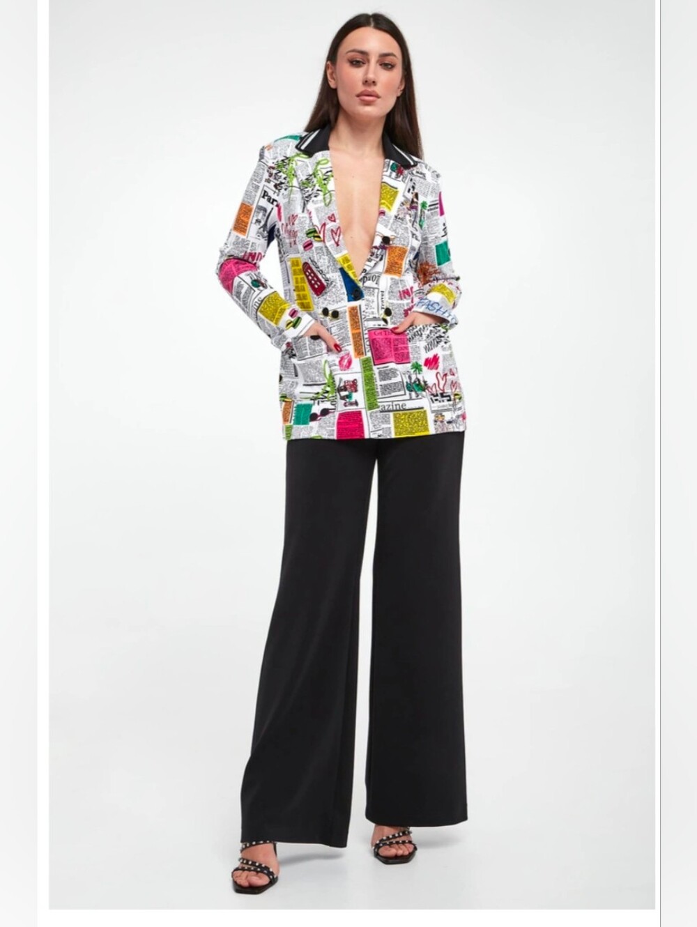 Joseph Ribkoff Multicolor Newspaper-Print Blazer, Black Notch Collar, Size 12 - Picture 2 of 9